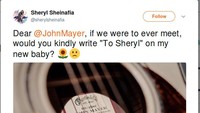 Siapa sangka, kicauan tersebut ternyata dibalasa oleh John Mayer. Permintaan Sheryl Sheinafia pun bakal dikabulkannya. Foto: Sheryl Sheinafia (Instagram Sheryl Sheinafia)