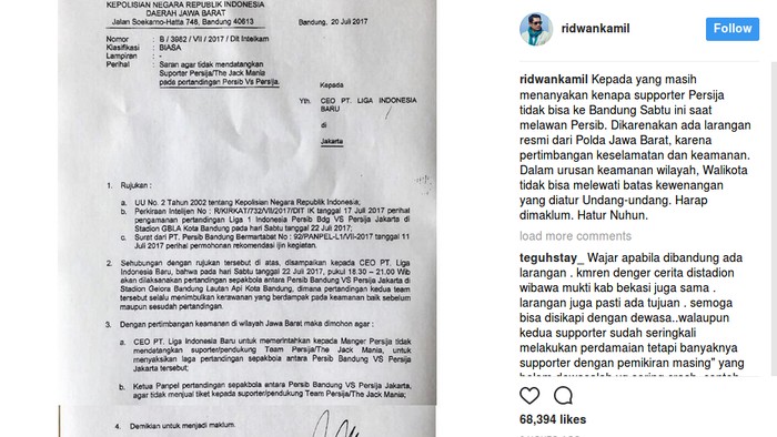 Penjelasan Ridwan Kamil Soal The Jakmania Dilarang ke Bandung