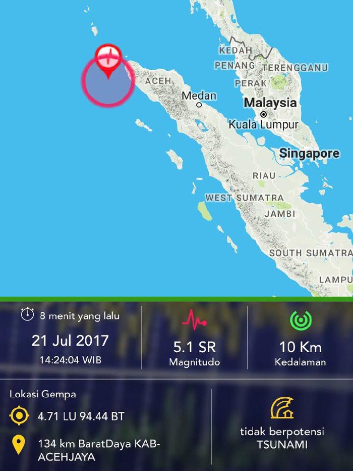 Ada Gempa 5,1 SR di Aceh, Tak Berpotensi Tsunami