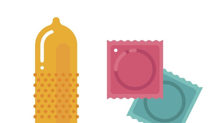 Condom and packages. Vector flat illustration isolated on white background.