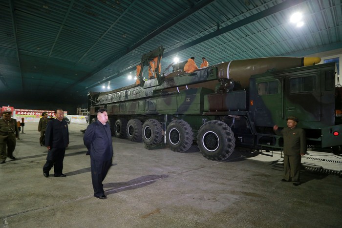 North Korean leader Kim Jong Un inspects the intercontinental ballistic missile Hwasong-14 in this undated photo released by North Koreas Korean Central News Agency (KCNA) in Pyongyang July 5, 2017. KCNA/via REUTERS ATTENTION EDITORS - THIS IMAGE WAS PROVIDED BY A THIRD PARTY. REUTERS IS UNABLE TO INDEPENDENTLY VERIFY THIS IMAGE. NO THIRD PARTY SALES. SOUTH KOREA OUT.
