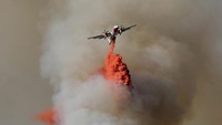 Pesawat menjatuhkan material tahan api untuk memadamkan kebakaran hutan di Castagniers dekat Nice, Prancis (Foto: REUTERS/Eric Gaillard)