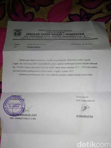 Selebaran permintaan sumbangan ke wali murid/