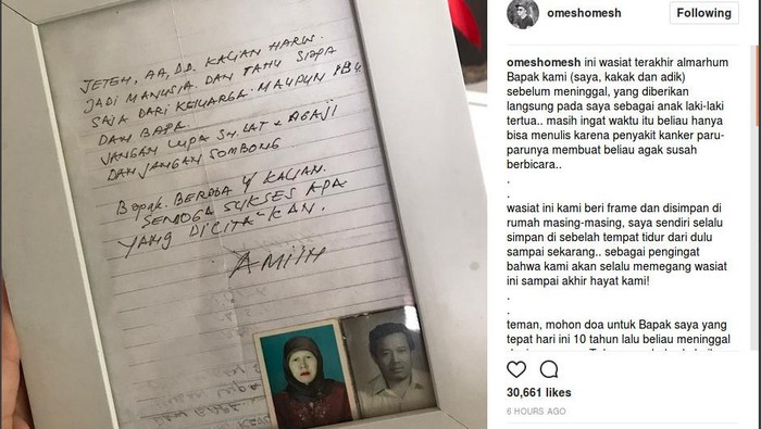 Ananda Omesh Bingkai Surat Wasiat dari Sang Ayah