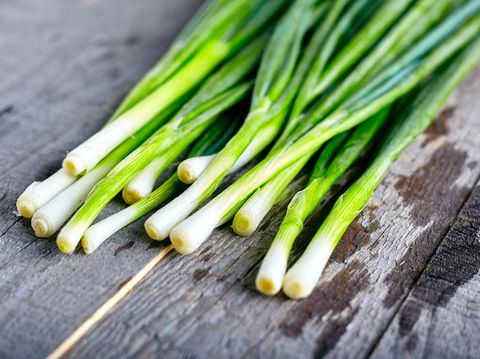 Bunch of fresh green onions on dark or neutral wooden background