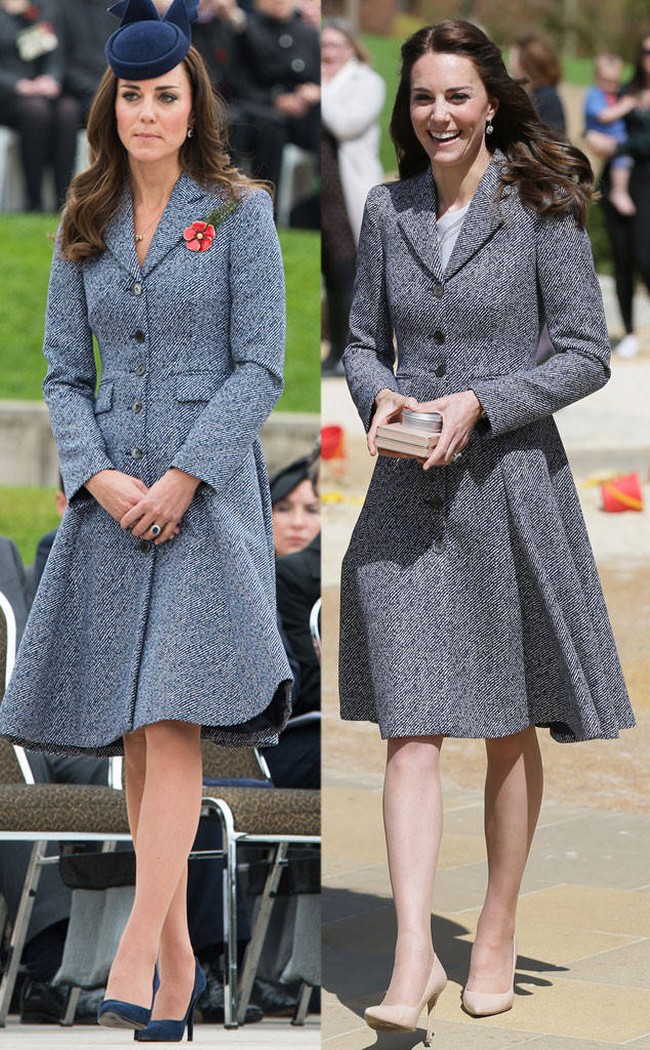 Kate Middleton memakai coat Michael Kors ini dua kali dalam gaya berbeda. Foto: Ist.