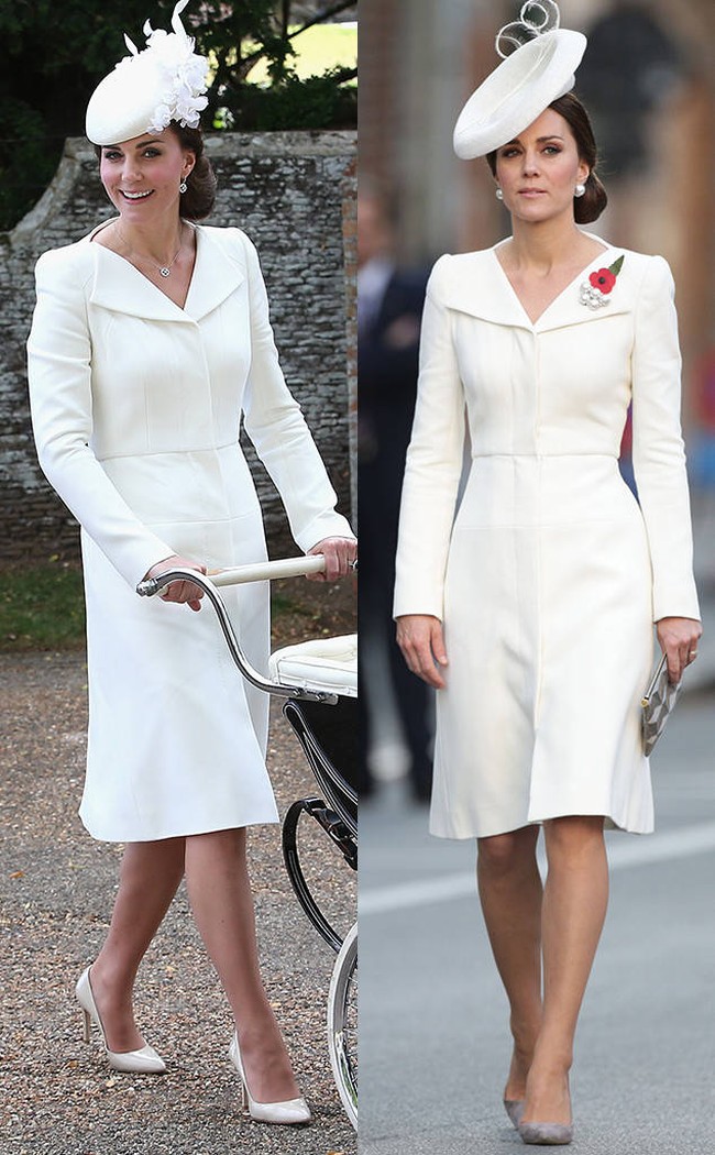Kate Middleton memakai coat dress Alexander McQueen ini pertamakalinya untuk pembaptisan Putri Charlotte di tahun 2015. Dua tahun kemudian, ia memakainya lagi di perayaan 100 tahun Perang Passchendaele tanggal 30 Juli 2017 ini.Foto: Ist.