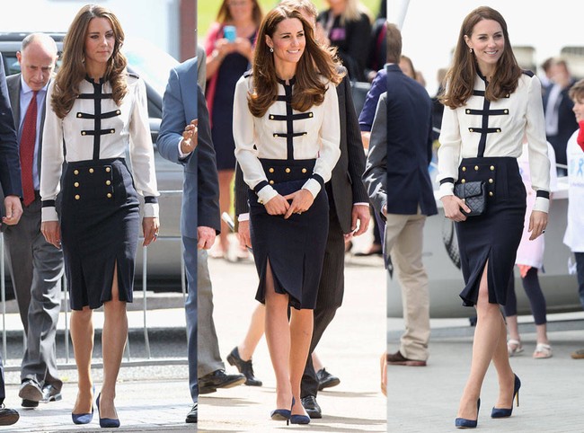 Dress dengan gaya nautical ini bahkan dipakai Kate Middleton di tiga kesempatan berbeda. Ia suka menggabungkannya dengan sepatu pump biru navy dan clutch kecil.Foto: Ist.