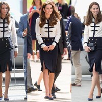 Dress dengan gaya nautical ini bahkan dipakai Kate Middleton di tiga kesempatan berbeda. Ia suka menggabungkannya dengan sepatu pump biru navy dan clutch kecil.Foto: Ist.