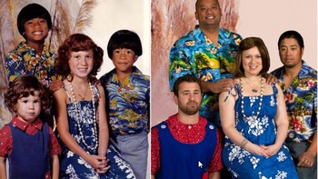 Foto keluarga bersama orang tua dengan kostum sama persis seperti ketika belia. Foto: istimewa