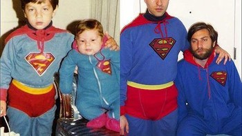 Kostum dan posenya sama persis. Tentu versi dewasa lebih menggelikan karena sudah tua. Foto: istimewa