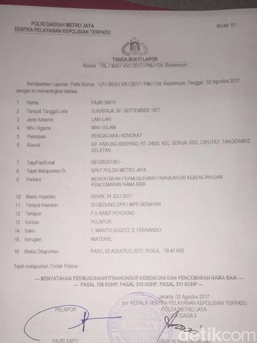 Waketum Gerindra Arief Puyuono dilaporkan ke Polda Metro Jaya.