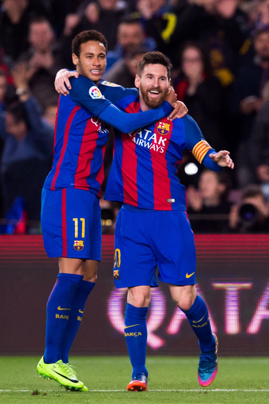 BARCELONA, SPAIN - MARCH 04:  Lionel Messi (R) of FC Barcelona celebrates with  his teammate Neymar Santos Jr (L) after scoring the opening goal during the La Liga match between FC Barcelona and RC Celta de Vigo at Camp Nou stadium on March 4, 2017 in Barcelona, Spain.  (Photo by Alex Caparros/Getty Images)