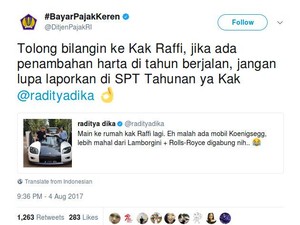 Ngetweet Soal Mobil Mewah Raffi Ahmad, Pajak: Hanya Mengingatkan