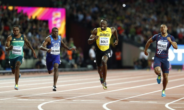 Athletics - World Athletics Championships – mens 100 metres final – London Stadium, London, Britain – August 5, 2017 –  Akani Simbine of South Africa, Christian Coleman of the U.S., Usain Bolt of Jamaica and Jimmy Vicaut of France compete. REUTERS/Lucy Nicholson