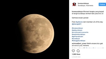 Yang menarik, gerhana Bulan bisa dinikmati di seluruh wilayah Indonesia dengan mata telanjang.  Foto: Instagram @lovesuroboyo