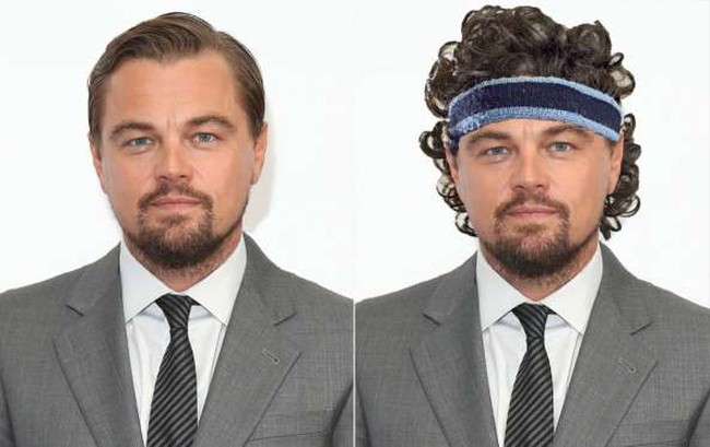Leonardo DiCaprio tampil seperti pria 80-an. Rambut keriting dengan banda di kepala memang sangat populer di era tersebut.