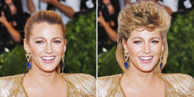 Blake Lively yang biasanya bergaya elegan dengan rambut dicepol atau bergelombang, berubah drastis dengan rambut model jadul. Rambutnya dibuat jambul mengembang di bagian tengah kepalanya.