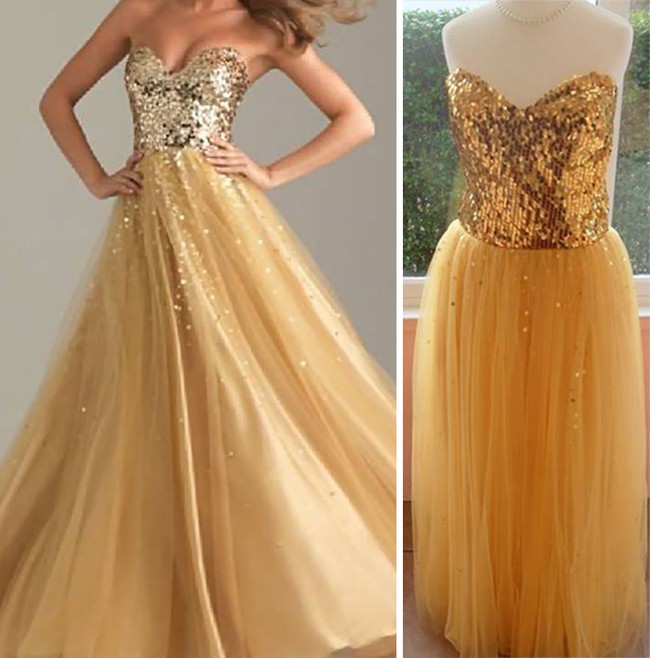 Keinginan pembeli gaun pengantin ini tampak glamour dengan busana berwarna emas di pesta pernikahannya harus pupus karena gaunnya tak seindah di iklan. Gaun asli justru terkesan murahan. Foto: Dok. Bored Panda