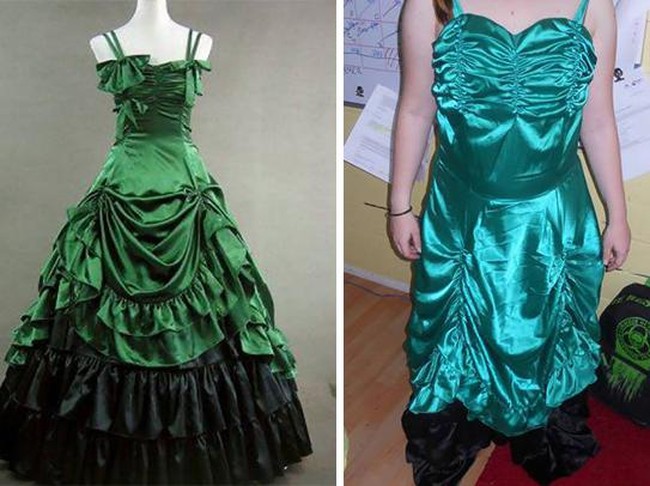 Tak ada detail draperi seperti pada foto iklan. Kenyataannya gaun pengantin di foto kanan tampak lurus dan tidak megah. Foto: Dok. Bored Panda