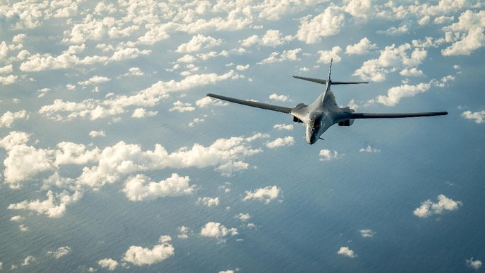 One of two U.S. Air Force B-1B Lancer bombers flies a 10-hour mission from Andersen Air Force Base, Guam, into Japanese airspace and over the Korean Peninsula, July 30, 2017.  U.S. Air Force photo/Staff Sgt. Joshua Smoot/Handout via REUTERS.  ATTENTION EDITORS - THIS IMAGE WAS PROVIDED BY A THIRD PARTY