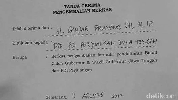 Tanda terima pengembalian berkas pendaftaran Ganja Pranowo di Pilgub Jateng.
