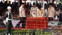 Jokowi membuka Raimuna Nasional XI di Bumi Perkemahan Cibubur, Senin (14/8/2017) sekitar pukul 7.30 WIB.