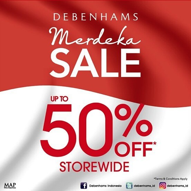 Di mal dekat tempat tinggalmu ada Debenhams? Coba mampir dan lihat gelaran sale hingga 50% yang diberikannya pada 17an tahun ini.