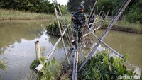 Personel TNI dari Batalyon Infranteri 131/Braja Sakti menyeberangi jembatan bambu di areal persawahan dan rawa.