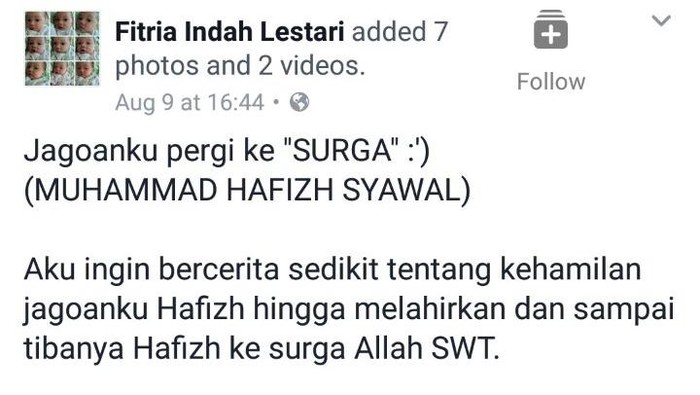 Curhatan ibu muda soal anaknya yang meninggal karena pneumonia diduga akibat asap rokok viral di media sosial. (Foto: facebook/fitria indah lestari) Curhatan ibu muda soal anaknya yang meninggal karena pneumonia diduga akibat asap rokok viral di media sosial. (Foto: facebook/fitria indah lestari)