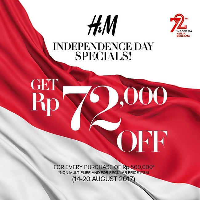 Jika ingin mencari busana hangout atau kerja yang kekinian, kunjungi H&M yang beri diskon 17 Agustus sebesar Rp 72 ribu. Ini berlaku untuk pembelian minimal Rp 500 ribu.