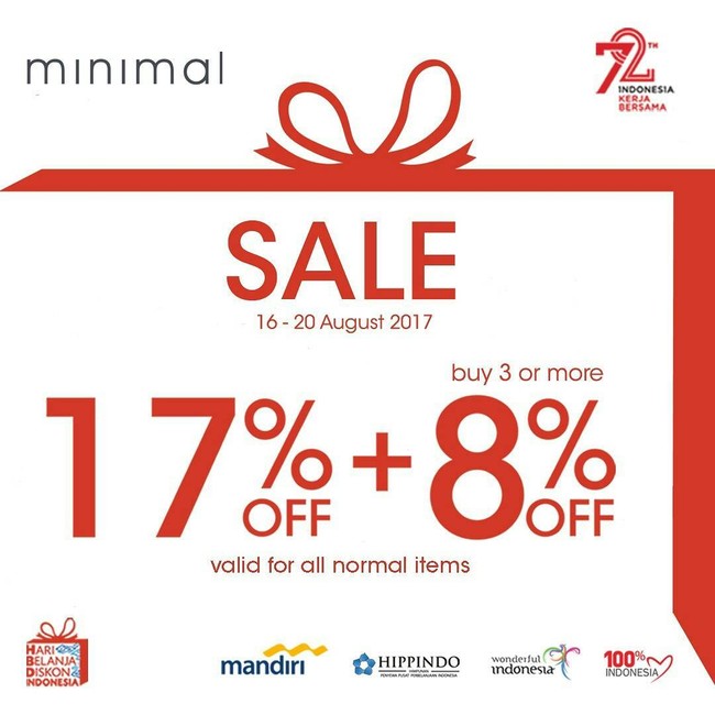 Beberapa brand lokal ikut memeriahkan Hari Kemerdekaan dengan menggelar diskon. Termasuk Minimal. Anda pun bisa mendapati sejumlah opsi busana seharga Rp 99 ribuan.