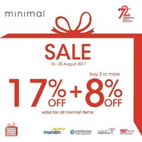Beberapa brand lokal ikut memeriahkan Hari Kemerdekaan dengan menggelar diskon. Termasuk Minimal. Anda pun bisa mendapati sejumlah opsi busana seharga Rp 99 ribuan.