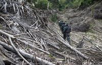 Tentara berpatroli di jalan tikus.