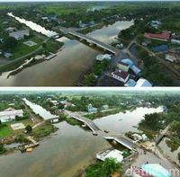 Jembatan Tanipah di Barito Kuala Selatan sebelum dan sesudah patah.