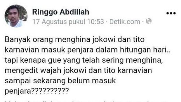 Postingan Ringgo Abdillah di FB.