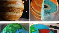 Cake bulat ini dihias mirip seperti planet Jupiter dan Bumi. Ketika dibelah juga ada lapisannya. Lihat deh ada peta Indonesia juga di cake!