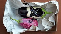 Terung ternyata bisa dilukis jadi sepatu. Tinggal ditambahkan tali dan ditaruh dalam kotak sepatu, jadi deh sepatu terung ini. Foto: Istimewa