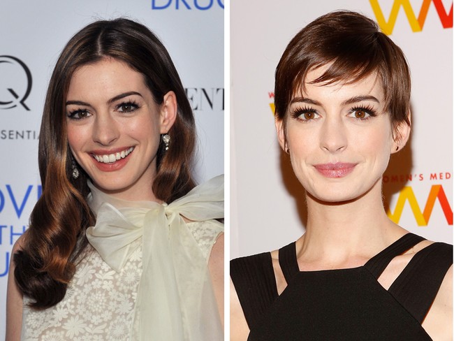 Anne Hathaway, dari panjang tebal jadi pixie. Foto: Getty Images