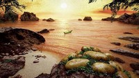 Wah, pemandangan sunset di laut ini amat cantik ya! Tapi coba lihat deh detailnya. Lukisan ini dibuat dari lembaran salmon, kentang dan roti lho. Foto: Istimewa