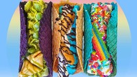 Pecinta taco pasti akan penasaran dengan es krim ini. Salah satu toko es krim di California meniru bentuk taco. Rotinya diganti dengan waffle yang renyah kemudian dipadu dengan sirup cokelat, taburan permen dan hiasan emas yang bisa dinimakan ini sangatlah nikmat.