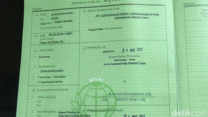 Beredar sertifikat HGB Pulau D yang ditulis pemegang hak atas nama PT Naga Kapuk Indah