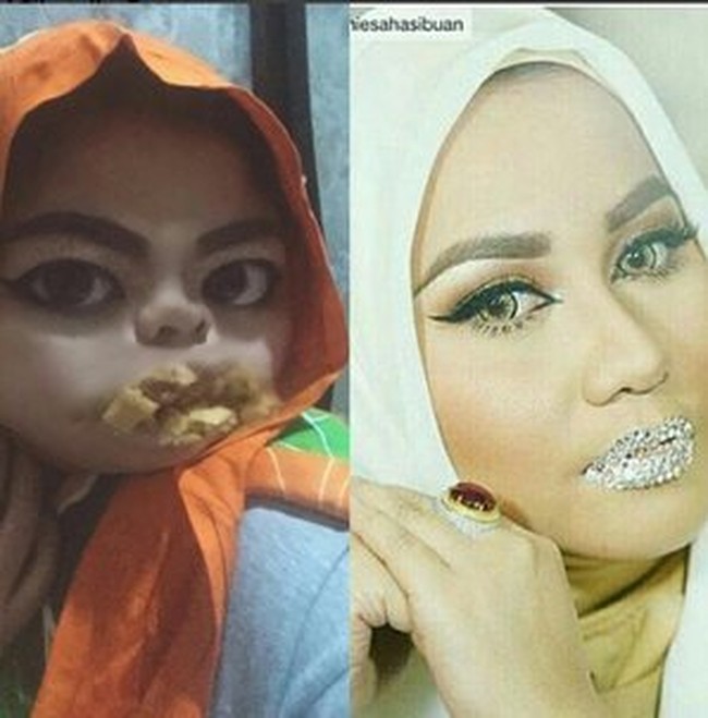Jika Anniesa Hasibuan pakai kristal Swarovski, wanita ini mengaku pakai remahan emas London. Kocaknya, wajahnya diedit dulu sehingga memberikan efek yang makin lucu. Foto: dok. Instagram (annova_simanjuntak).