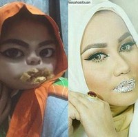 Jika Anniesa Hasibuan pakai kristal Swarovski, wanita ini mengaku pakai remahan emas London. Kocaknya, wajahnya diedit dulu sehingga memberikan efek yang makin lucu. Foto: dok. Instagram (annova_simanjuntak).