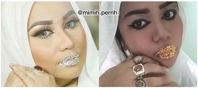 Wanita ini berusaha berlakon seperti Anniesa Hasibuan. Lihat saja makeupnya yang medok dengan bibir bertabur remahan. Foto: dok. Instagram (mimih.perrih)