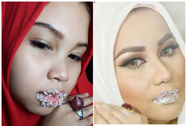 Selain meniru bibir Anniesa Hasibuan, cewek cantik ini pun meniru cincin sang desainer. Kocaknya, dia pakai bawang yang seolah-olah batu cincin. Foto: dok. Instagram (wulan_bahtiar)