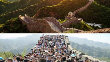 Harapannya bisa mengambil foto pemandangan cantik dari Tembok Besar China, kenyataannya harus berdesakan dengan turis yang lain. (Foto: boredpanda)