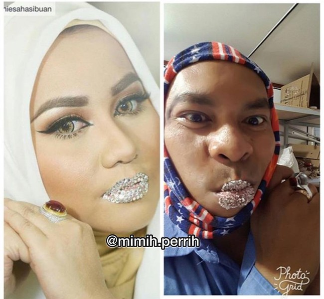 Pria pun ikut meniru bibir Anniesa Hasibuan. Seperti pria ini yang menaburkan gula di bibirnya. Foto: dok. Instagram (mimih.perrih)