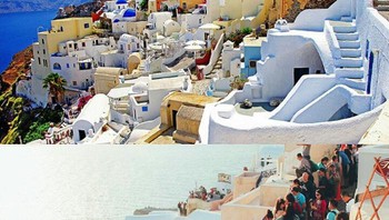 Harapannya bisa jalan santai di pulau Santorini, Yunani. Kenyataannya ramai orang. (Foto: boredpanda)