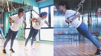 Latihan TRX juga dicoba penyanyi lagu Terjebak Nostalgia ini. Latihan ini bermanfaat untuk melatih kekuatan inti tubuh. Foto: Instagram/raisa6690